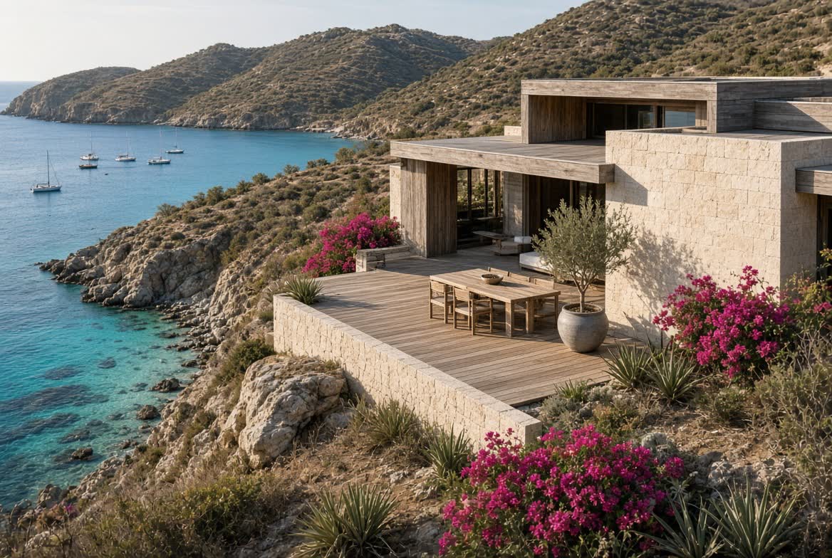 Ambiance d’un domaine en pierre face à une crique, Saint-Barth