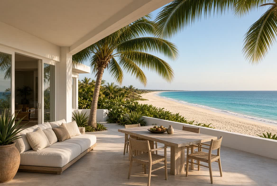 Ambiance d’une terrasse face à une longue plage, Saint-Martin
